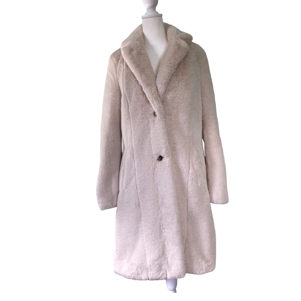 Calvin Klein‎ Faux Fur Ivory Mid-Length Coat with Gold Accent Buttons (Size S)